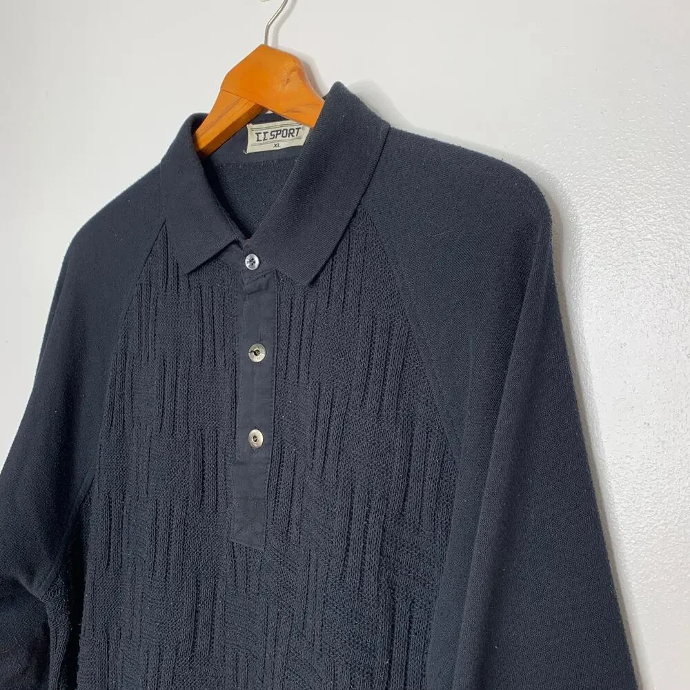 Vintage 80s 90s CC Sport men's black collared pullover textured knit sweater XL
